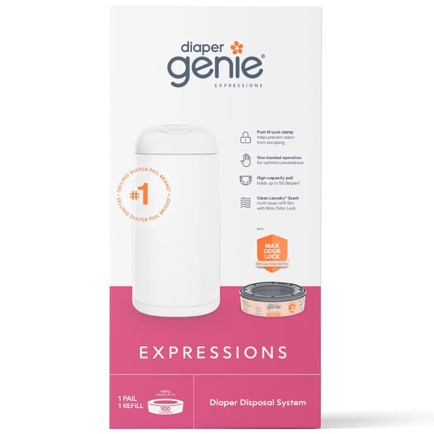 Diaper Genie Expressions Pail White, Odor-Controlling Diaper Disposal System, One Pail & One Refi... | Walmart (US)