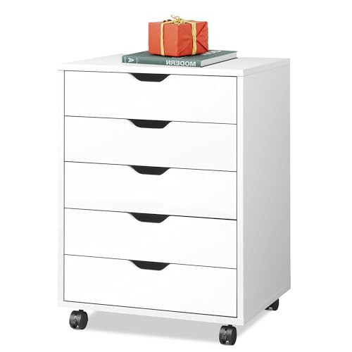 DEVAISE 5-Drawer Chest, Wood Storage file Cabinet with Wheels, White | Amazon (US)