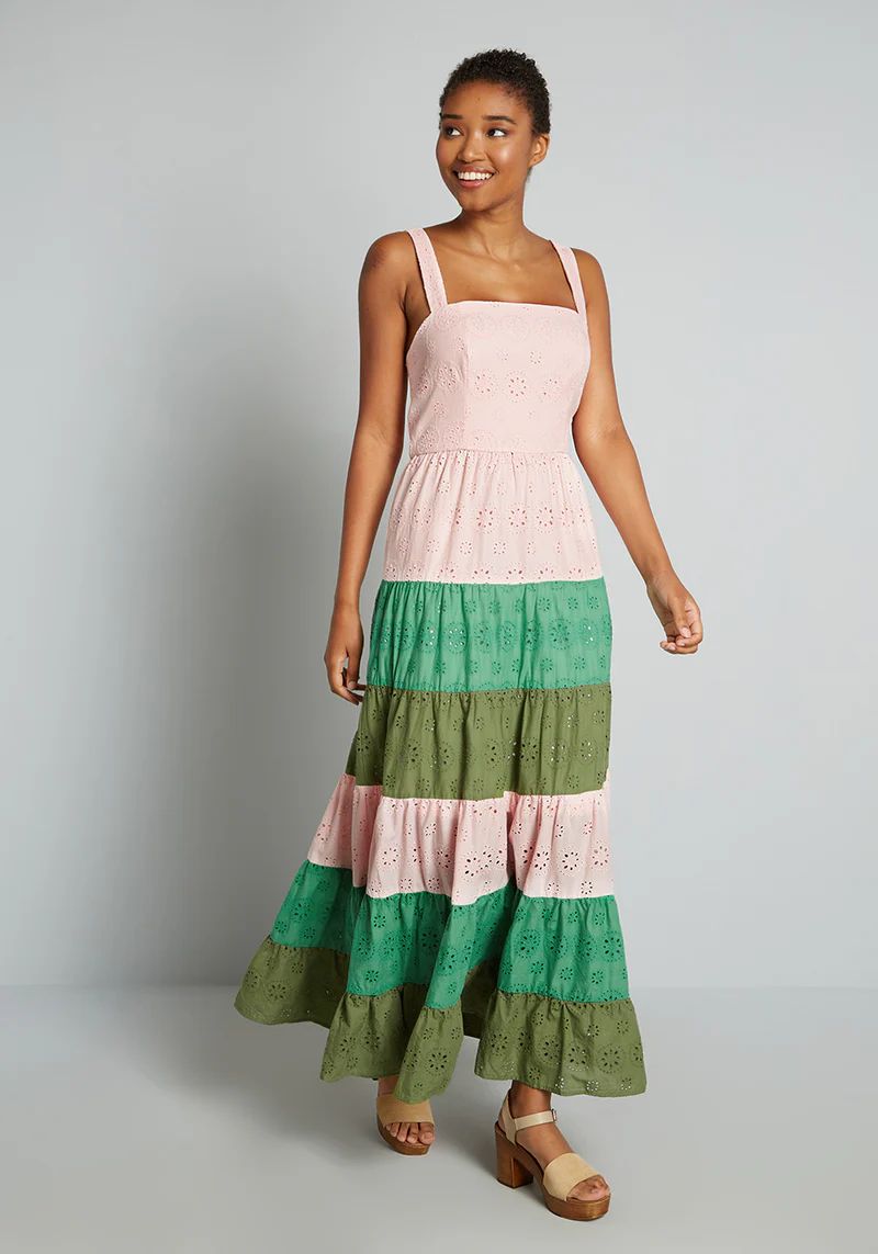 Blocked in Eyelet Tiered Maxi Dress | ModCloth