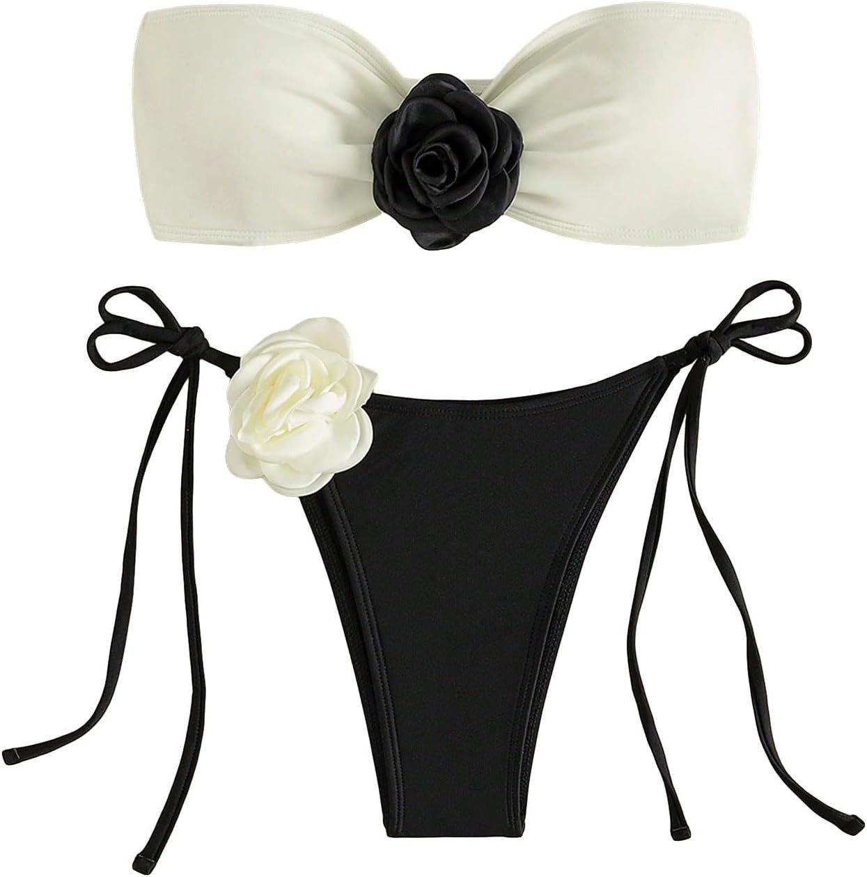 MakeMeChic Women's 2 Piece Bandeau Swimsuit 3D Floral Tie Side High Cut Bikini Set Bathing Suit | Amazon (US)