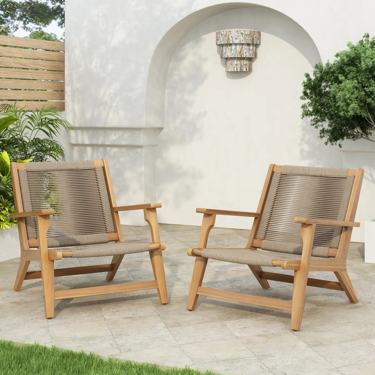 Sierra Modern Acacia Wood Rope Woven Outdoor Club Chairs (Set of 2) | Wayfair North America
