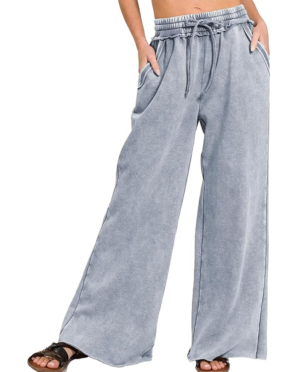 Ainangua Women Acid Wash Palazzo Sweatpants Casual High Waist Drawstring Wide Leg Pants Baggy Fle... | Amazon (US)