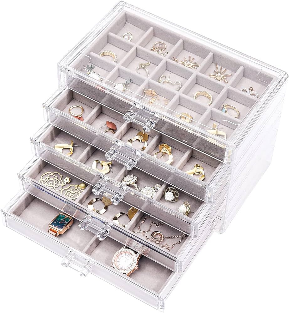 Cq acrylic Earring Jewelry Organizer with 5 Drawers,Clear Acrylic Jewelry Box for Women,Velvet Earri | Amazon (US)