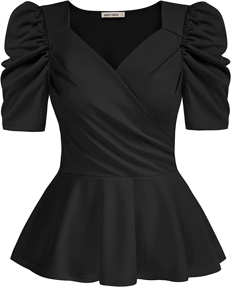 Women Black Peplum Top Short Puff Sleeve V Neck Blouse Vintage Ruffle Shirt Black XL at Amazon Wo... | Amazon (US)