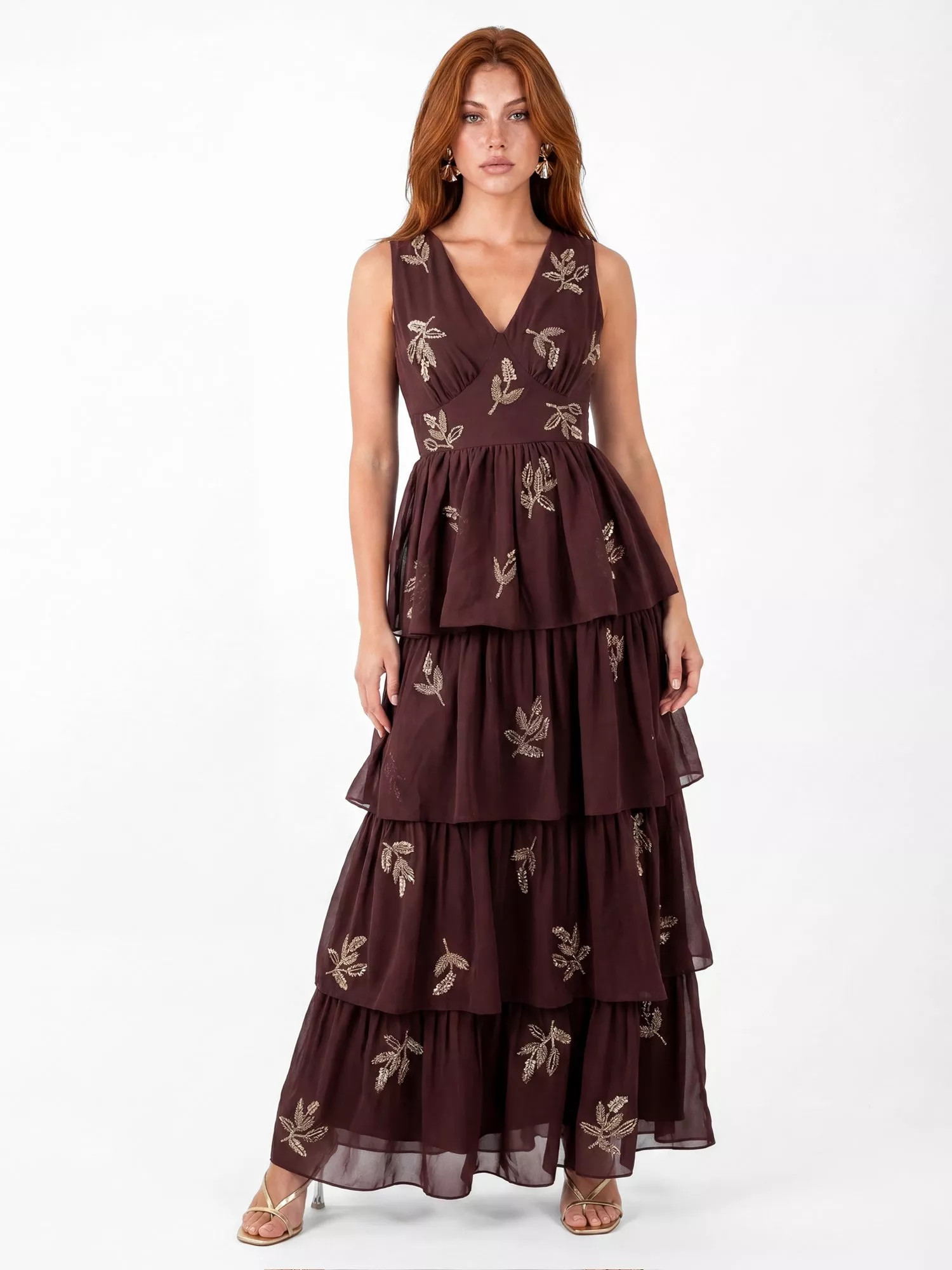 Maya Deluxe Leaf Embellished Sleeveless Tiered Maxi Dress, Espresso | John Lewis (UK)