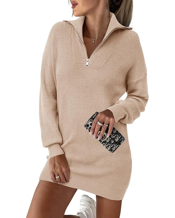 BTFBM Women Casual V Neck Knit Mini Fall Sweater Dresses Long Sleeve Loose Fit Solid Color Ribbed... | Amazon (US)