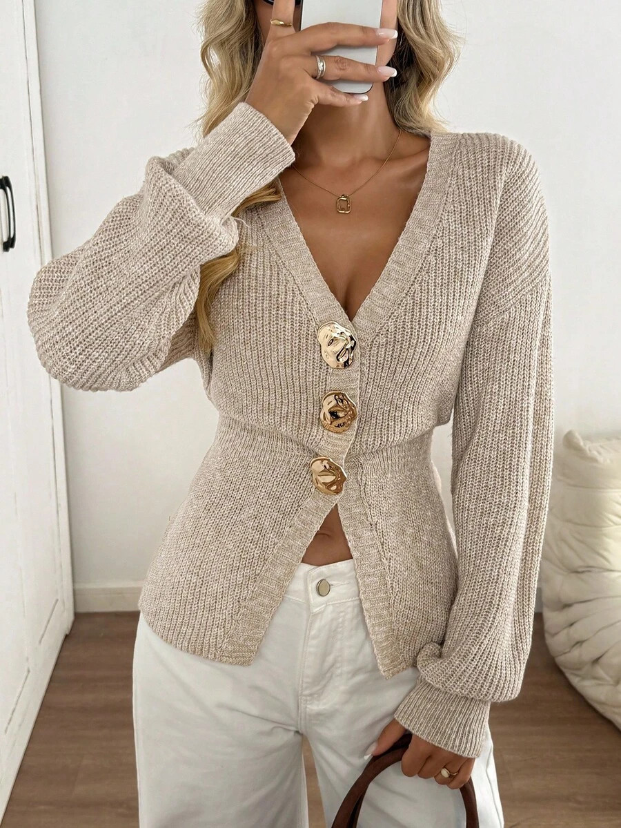 Easowa New Autumn Casual Dropped Shoulder Cinched Waist Elegant Cardigan For Women Metal Button Sweater Winter,Cozy Fall | SHEIN