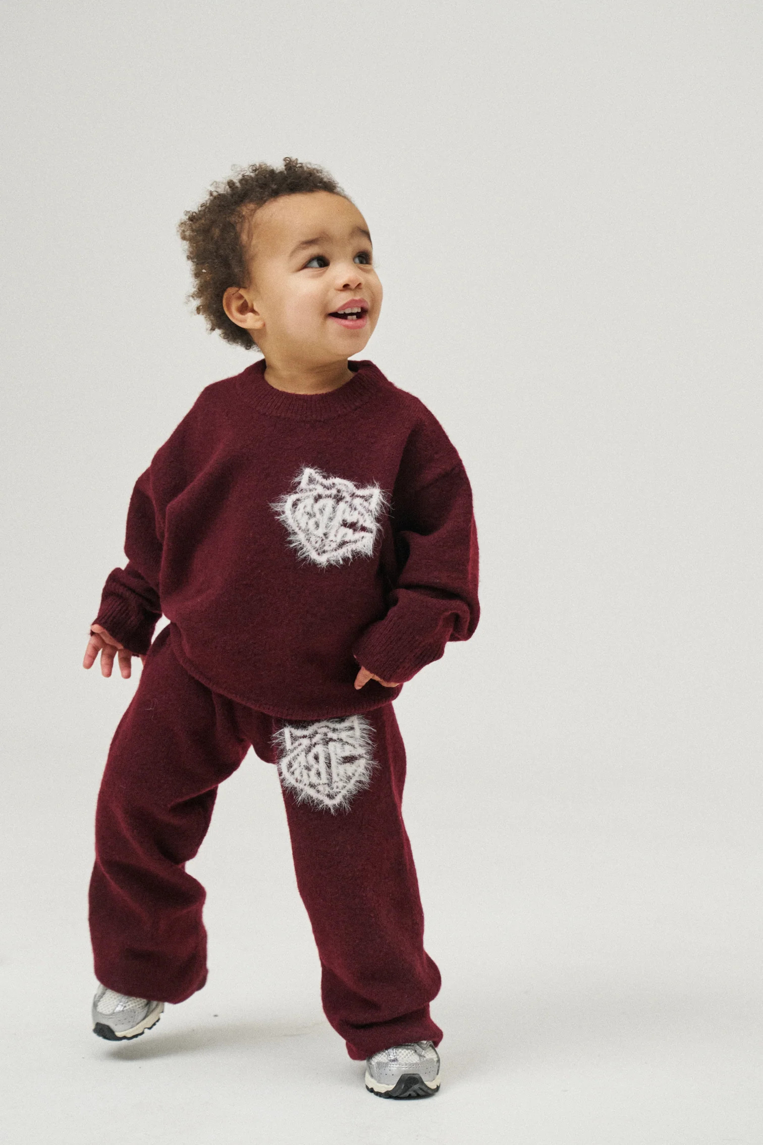 KIDS MONOGRAM FLUFFY KNIT CREW - BURGUNDY | The Couture Club
