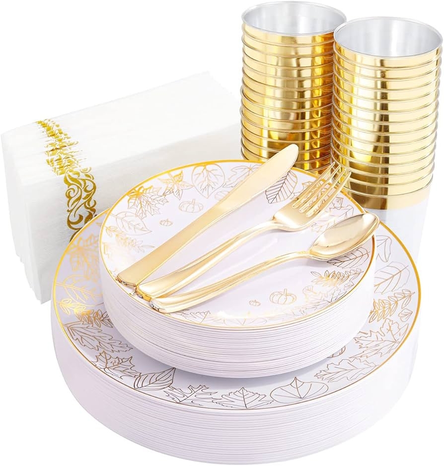 Supernal 175pcs Thanksgiving Gold Plastic Plates,Gold Plastic Dinnerware Set,Elegant Thanksgiving... | Amazon (US)
