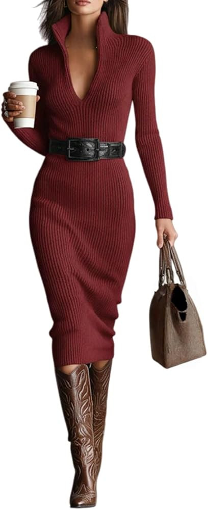 Sweater Dress for Women Slim Fit Half Turtleneck V-Neck Long Sleeve Knitted Belted Midi Dress Fal... | Amazon (US)