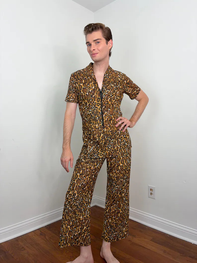 Vintage 60s leopard print front-zip jumpsuit with pockets | Etsy (Global)