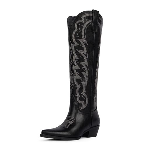 Modatope Cowboy Boots for Women Black Knee High Pull on Embroidered Cowgirl Boots Women Pointed Toe Chunky Heel Wide Calf Western Boot Size 9 | Amazon (US)