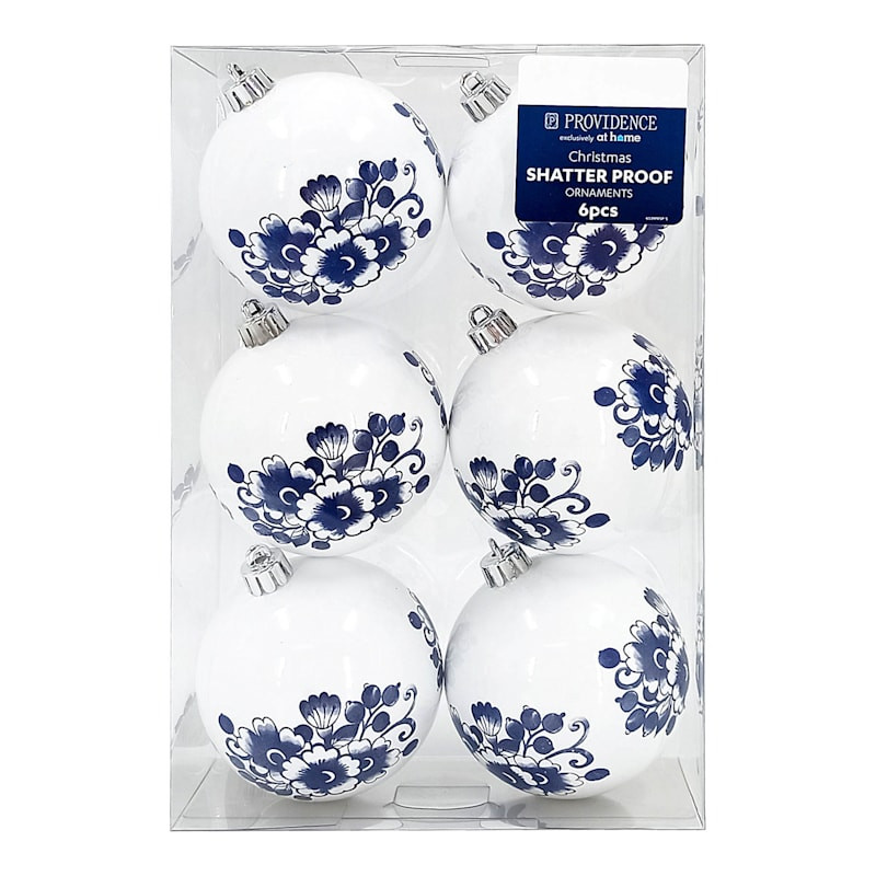 Providence Blue 6-Count Blue & White Flower Shatterproof Ornaments, 3.1" | At Home