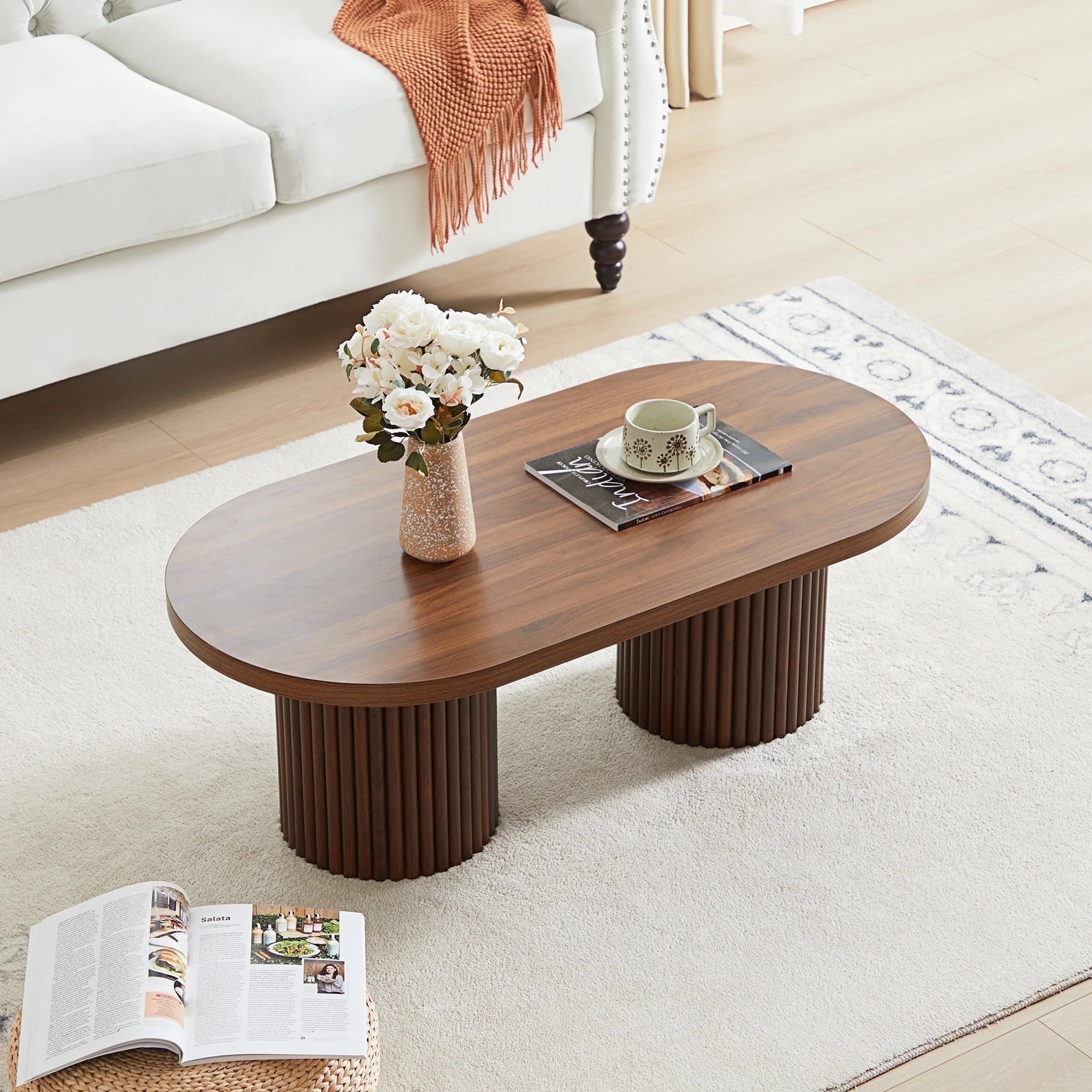 Wirrytor Oval Fluted Coffee Table, Farmhouse Wood Coffee Table Mid Century Modern Center Table Bo... | Walmart (US)