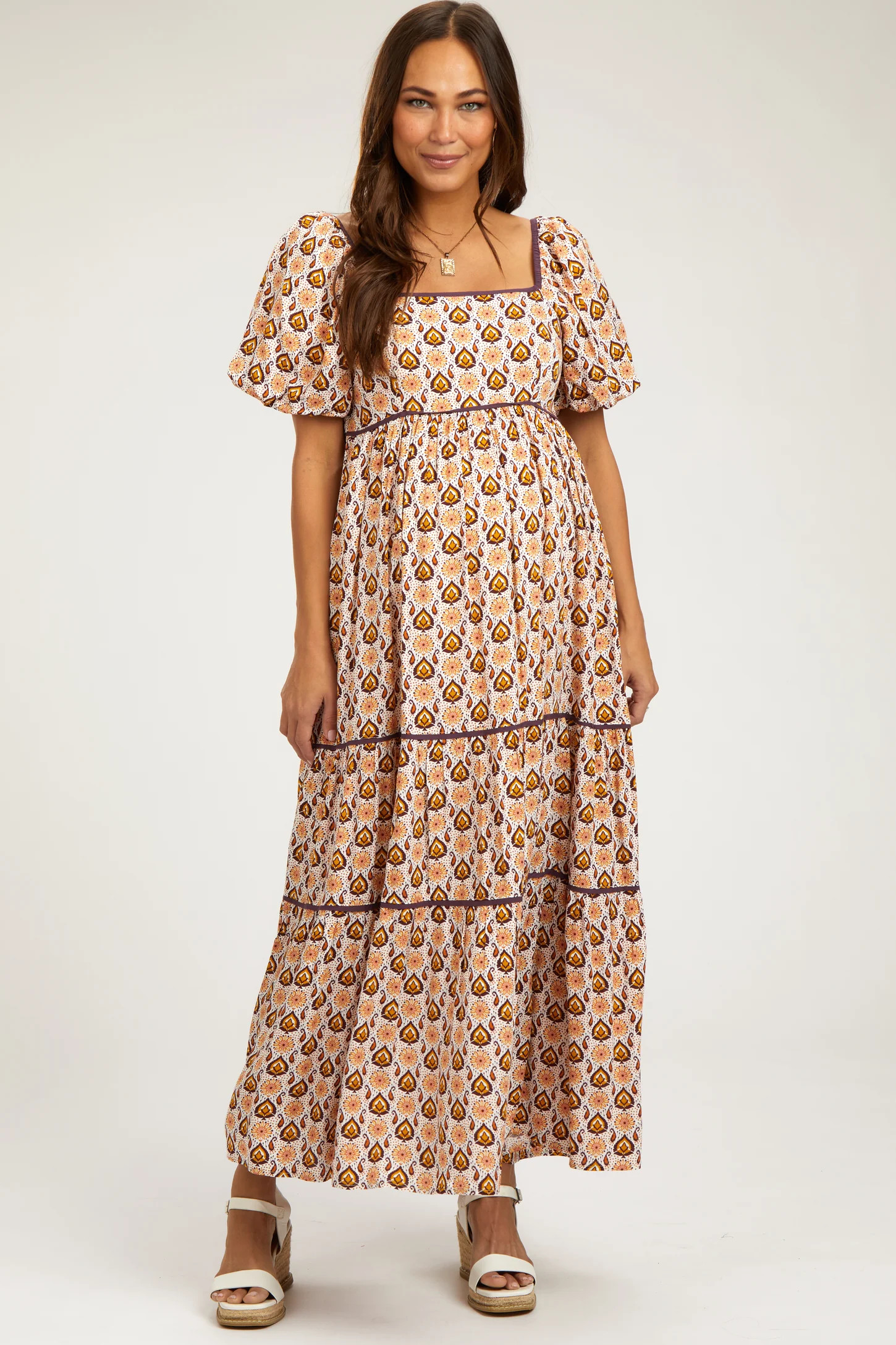 Brown Floral Print Puff Sleeve Maternity Maxi Dress | PinkBlush Maternity