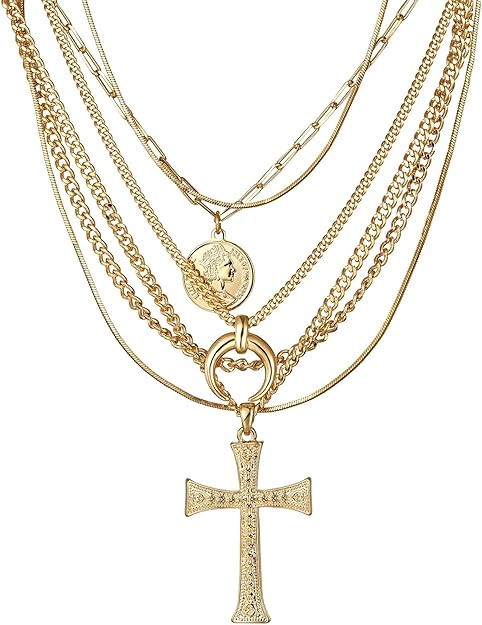 Gold Layered Necklace for Women, 14K Gold Plated Coin Cross Pendant Necklace Chunky Chain Choker ... | Amazon (US)