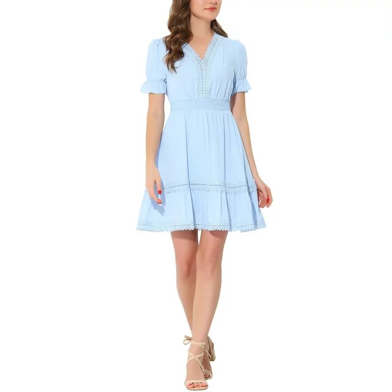 Allegra K Women's Solid V Neck Smocked Elastic Waist Short Sleeve Mini Dress | Walmart (US)