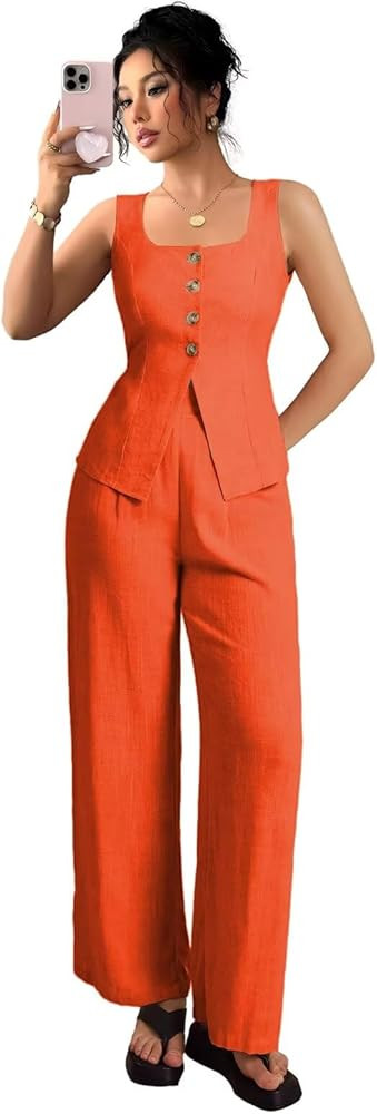 Linen Summer Outfits for Women 2 Piece Womens Summer Outfits Sexy Sleeveless Suit Casual Square N... | Amazon (US)