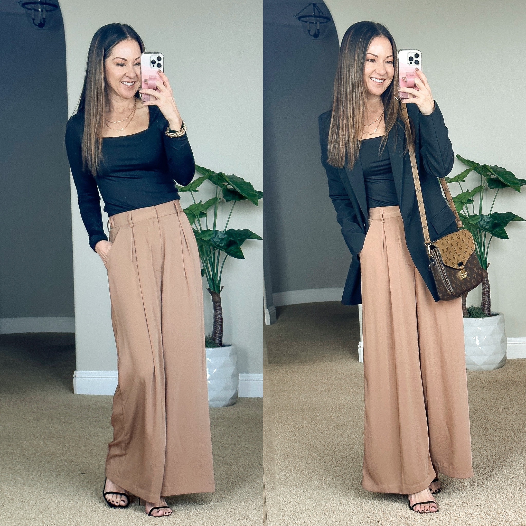 Petite friendly workwear from Amazon | Petite friendly trousers xs short in camel on sale | long sleeve bodysuit small | black oversized blazer xs |  save 50% on Gold jewelry accessories from Victoria Emerson code 50HOLLY

#LTKworkwear #LTKsalealert #LTKunder50