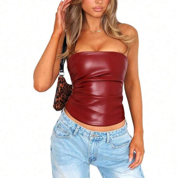 PU Faux Leather Tube Top Strapless Going Out Tops For Women Sexy Club Top Rave Concert Outfit Ruched Bandeau Crop Top | SHEIN