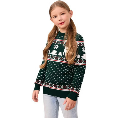 Kids Christmas Ugly Sweater Snowflake Reindeer Pattern Crew Neck Holiday Pullover Christmas Sweater Christmas Knitwear,Green - 120 | Target