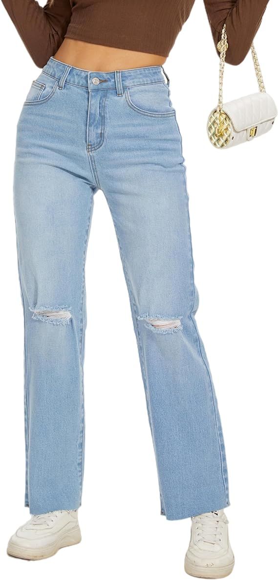 KICZOY Women Straight Ankle Jeans Casual Loose High Waist Solid Denim Pants | Amazon (US)