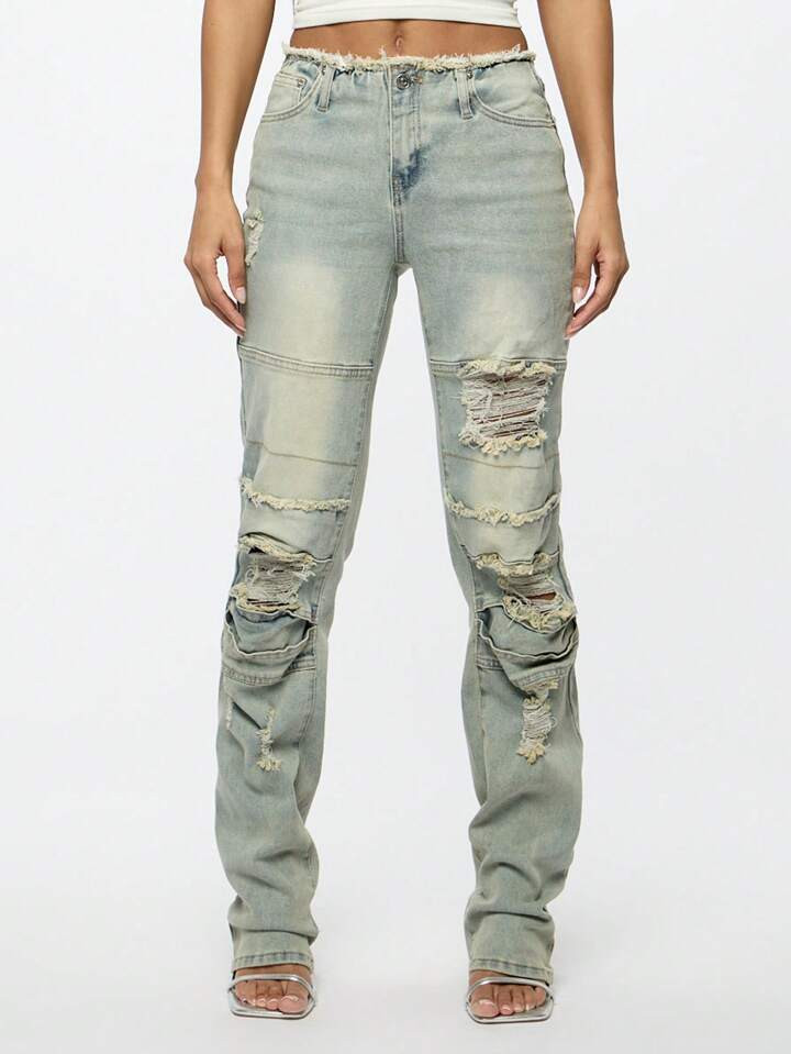 SUMWON WOMEN Versleten licht gewassen lage flared jeans | SHEIN