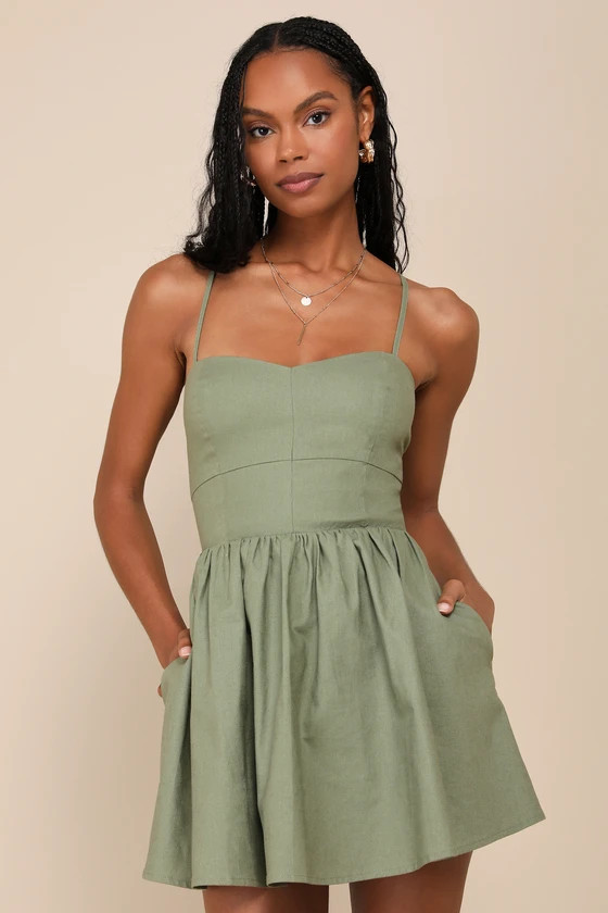 Sweet Existence Olive Green Linen Lace-Up Skort Romper | Lulus