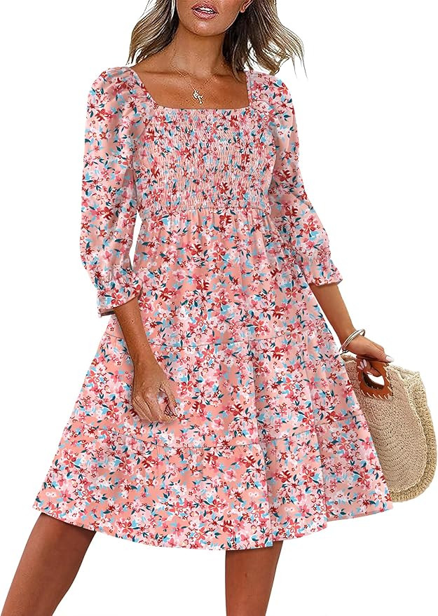 Caracilia Women 3/4 Sleeve Square Neck 2026 Summer Fall Wedding Guest Floral Smocked Casual Boho ... | Amazon (US)