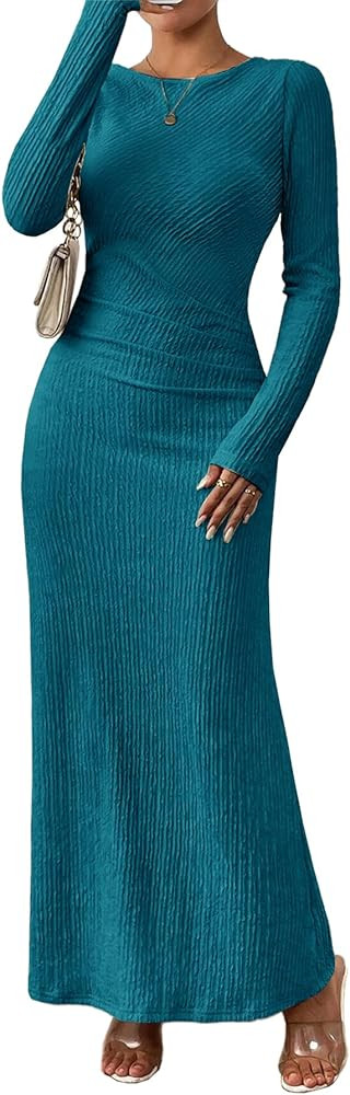 MITILLY Fall Dress for Women 2024 Long Sleeve Maxi Dress Formal Crew Neck Bodycon Ruched Textured... | Amazon (US)