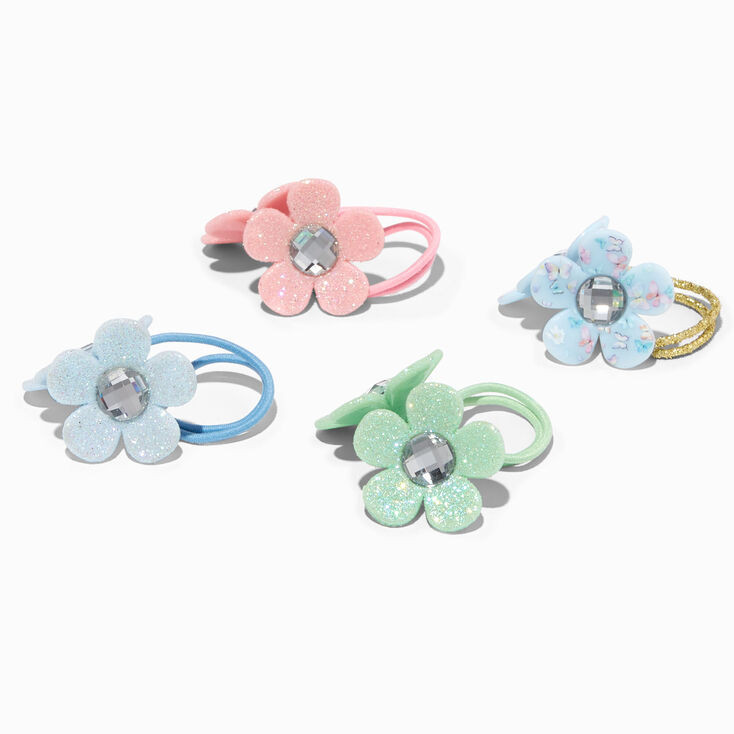 Claire's Club Glitter Flower Knocker Hair Ties - 4 Pack | Claire's (US)
