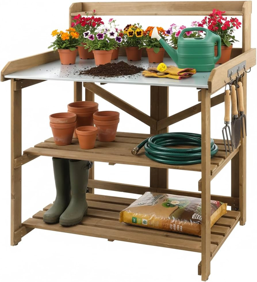 Garden Potting Bench Table Wooden Horticulture Outdoor Planting Work Bench with Metal Tabletop/Ho... | Amazon (US)