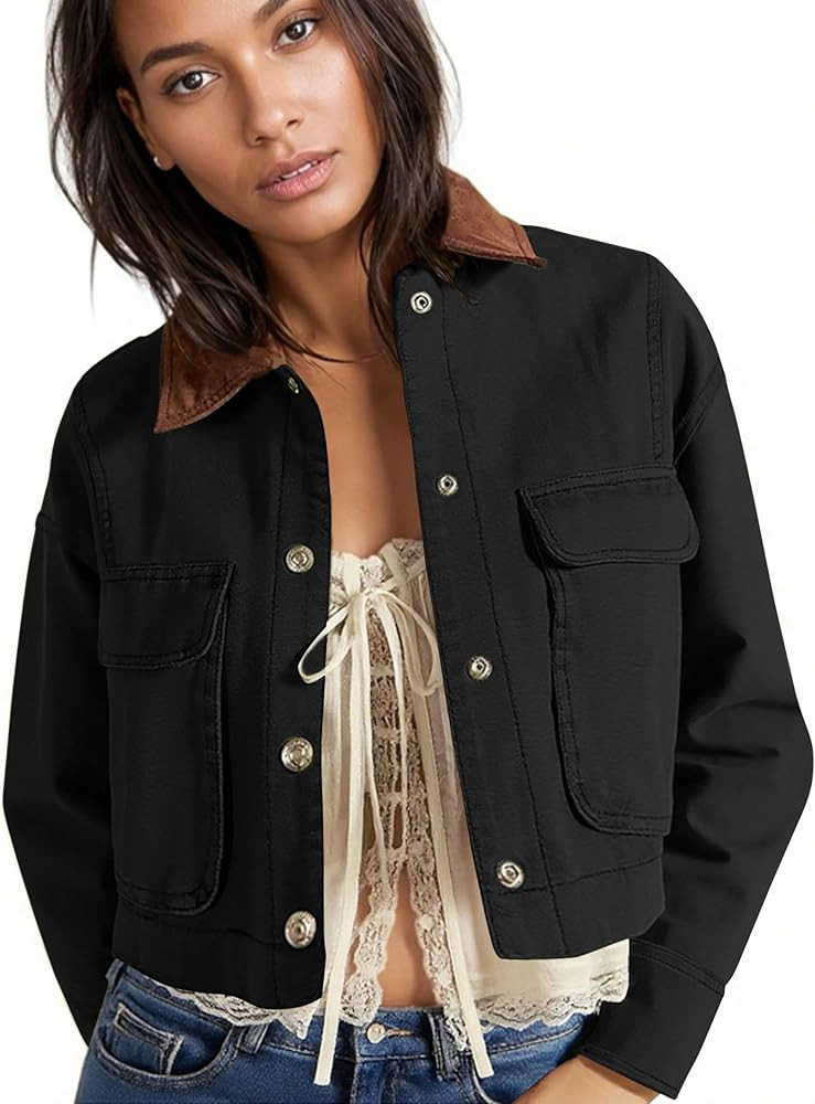 HangNiFang Cropped Barn Jacket for Women 2025 Contrast Collar Outwear Long Sleeve Cotton Short Ca... | Amazon (US)