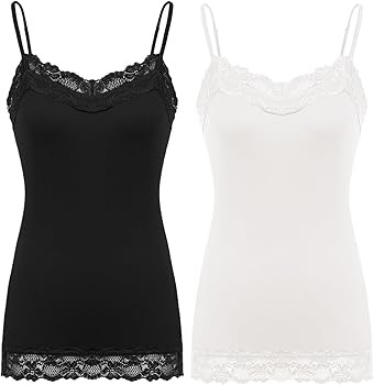 Kate Kasin Women's Adjustable Spaghetti Strap Lace Trim Cami Tunic Tank Top 2PACK | Amazon (US)