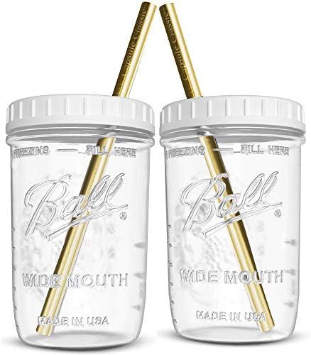 Reusable Wide Mouth Smoothie Cups Boba Tea Cups Bubble Tea Cups with Lids and Gold Straws Ball Ma... | Amazon (US)