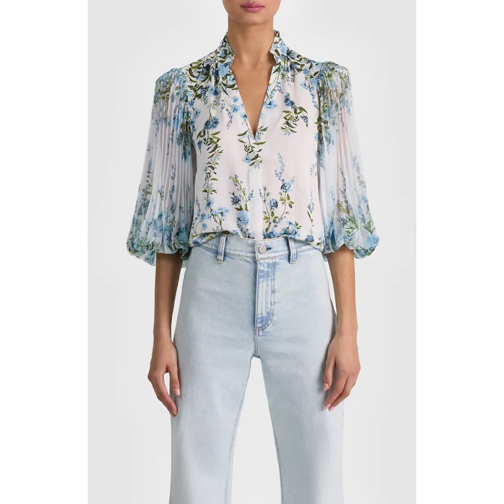 Alice + Olivia Ilan Floral Pleated Sleeve Button-Up Shirt in Fresh Air Carolina Blue at Nordstrom, Size Large | Nordstrom