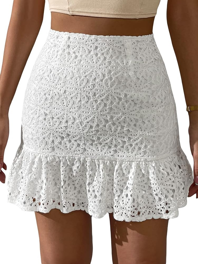 WDIRARA Women's Elegant Lace Mini Skirt High Waisted Ruffle Hem Bodycon Skirts | Amazon (US)