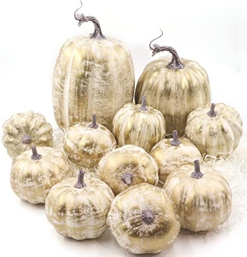 12 PCS Assorted Artificial Gold Brushed Pumpkins, Large Faux Farmhouse Rustic Pumpkin Decorations... | Amazon (US)