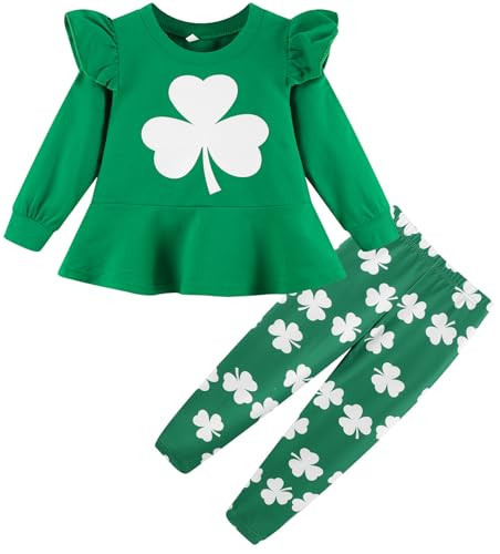 RETSUGO Toddler Girls St.Patrick's Day Outfits Flare Ruffle Dress Tunic Top Clover Lucky Sweatshirt Shamrock Print Pants 2Pcs Green Outfit Sets Size 3/2014 | Amazon (US)