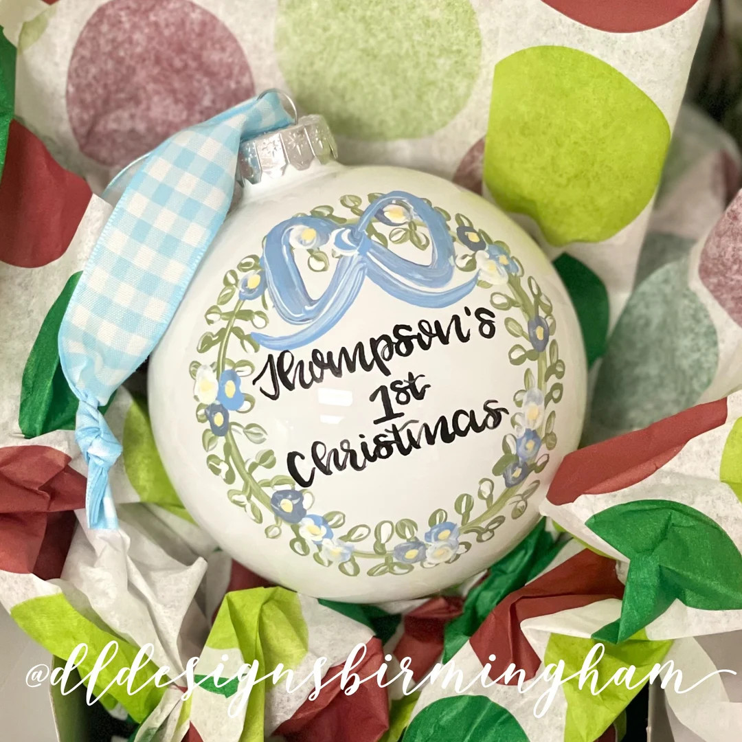 First Christmas Ornament Glass Hand Painted Greenery Floral Classic - Etsy | Etsy (US)