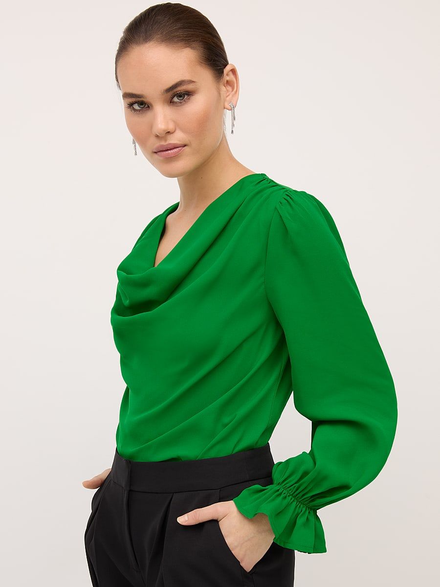NY & Co Women's Cowl-Neck Bell-Sleeve Blouse Green - Green Dolly Size XL Polyester | New York & Company