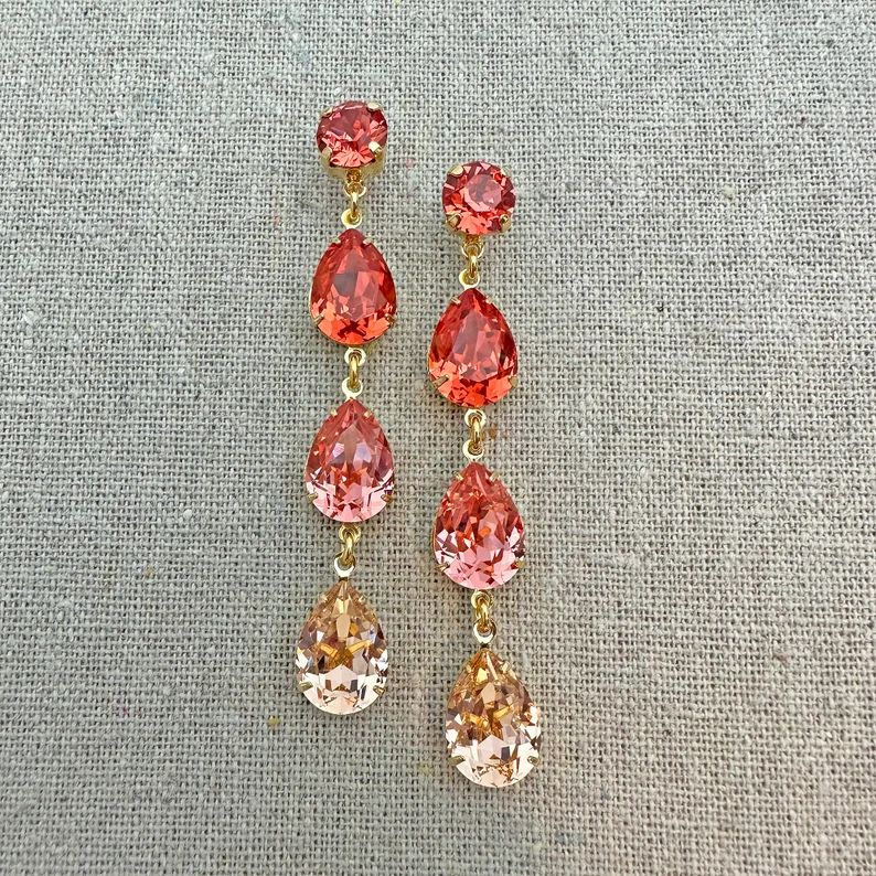 Swarovski Crystal Earrings, Long Stiletto Coral Ombre Drop Earrings, Xirius Chaton & Pear Cut, Pa... | Etsy (US)