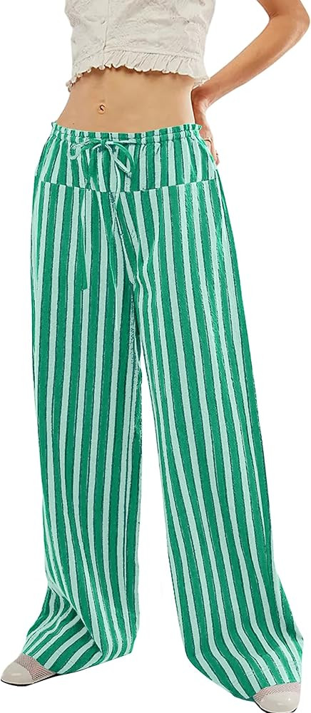 MISSACTIVER Women Drawstring Striped Pants Loose Wide Leg Trousers Comfy Low Waist Pants Casual L... | Amazon (US)