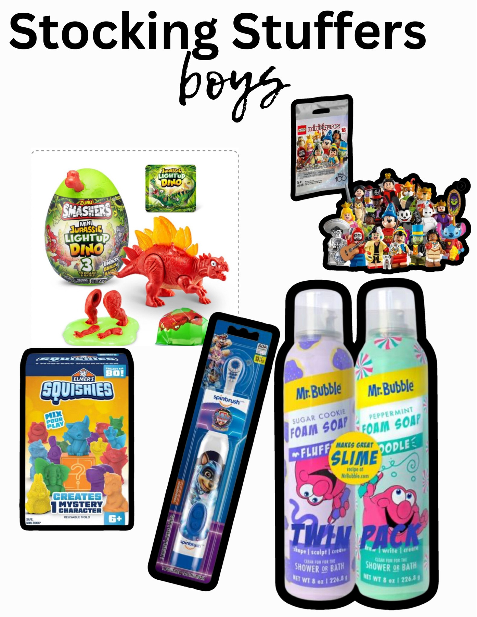Stocking stuffers for little boys
Bath foam
Toothbrush
Dino
Dinosaurs
Squishy 
Elmers
Mini figures
Lego
Gift
Christmas


#LTKGiftGuide #LTKHoliday #LTKkids
