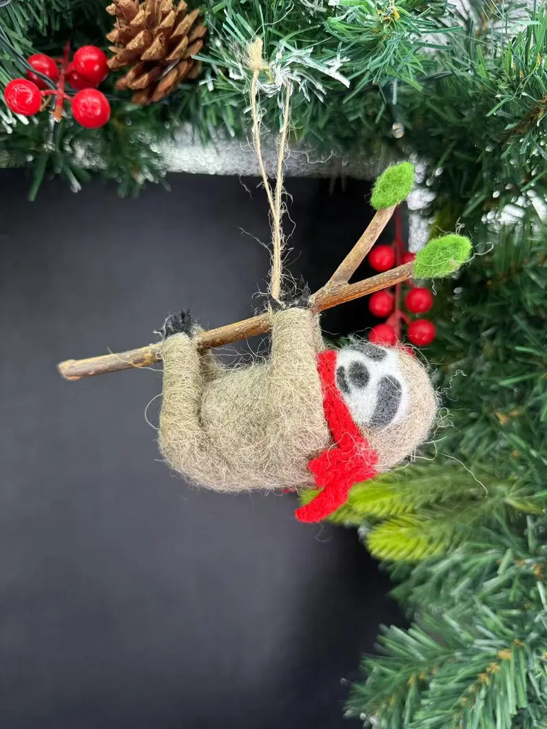 Wool Felt Christmas Sloth Ornaments: Xmas Hanging Decor, Set of 3 - Etsy | Etsy (US)