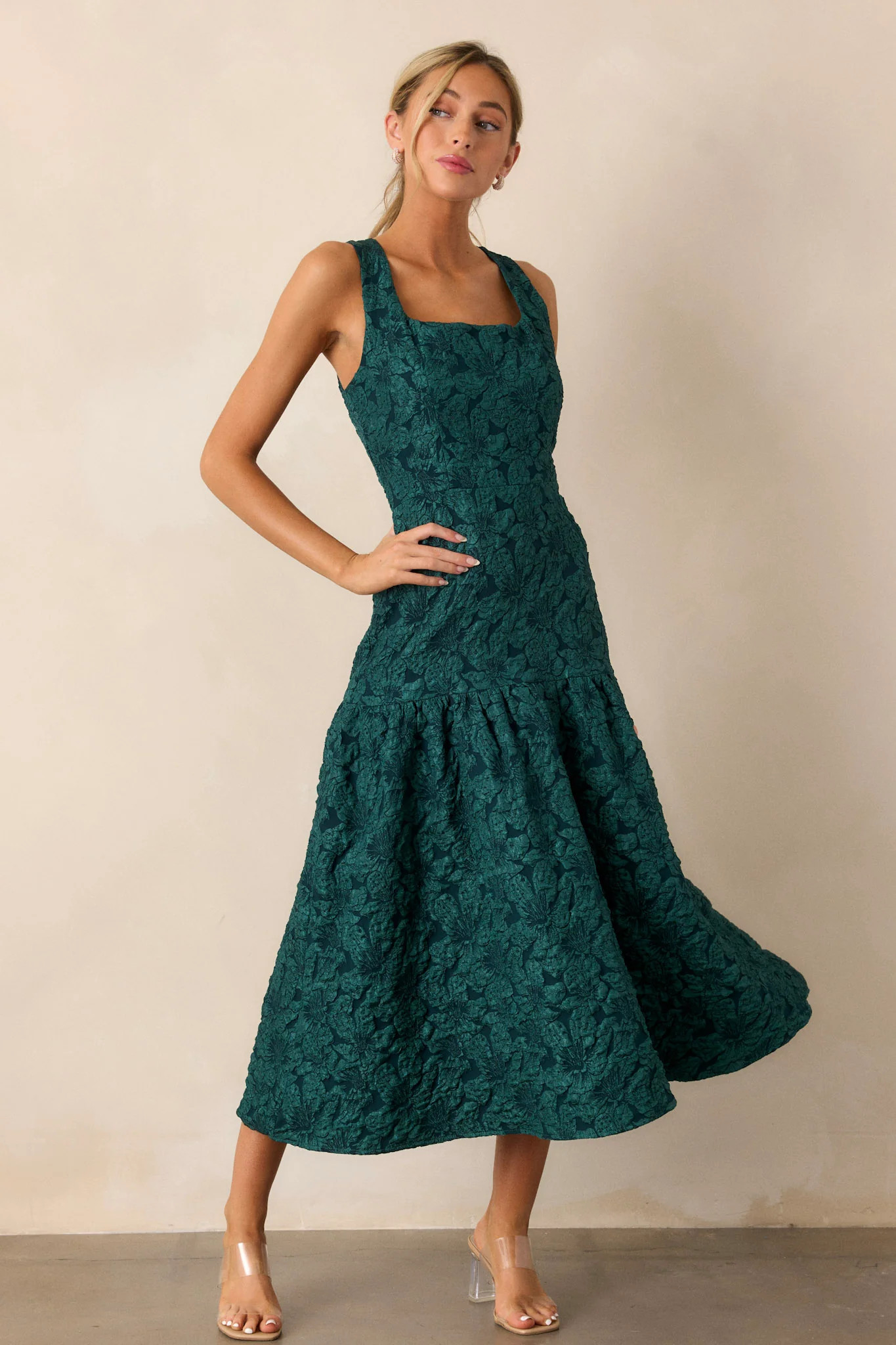 Moments of Clarity Jacquard Green Drop Waist Midi Dress | Red Dress