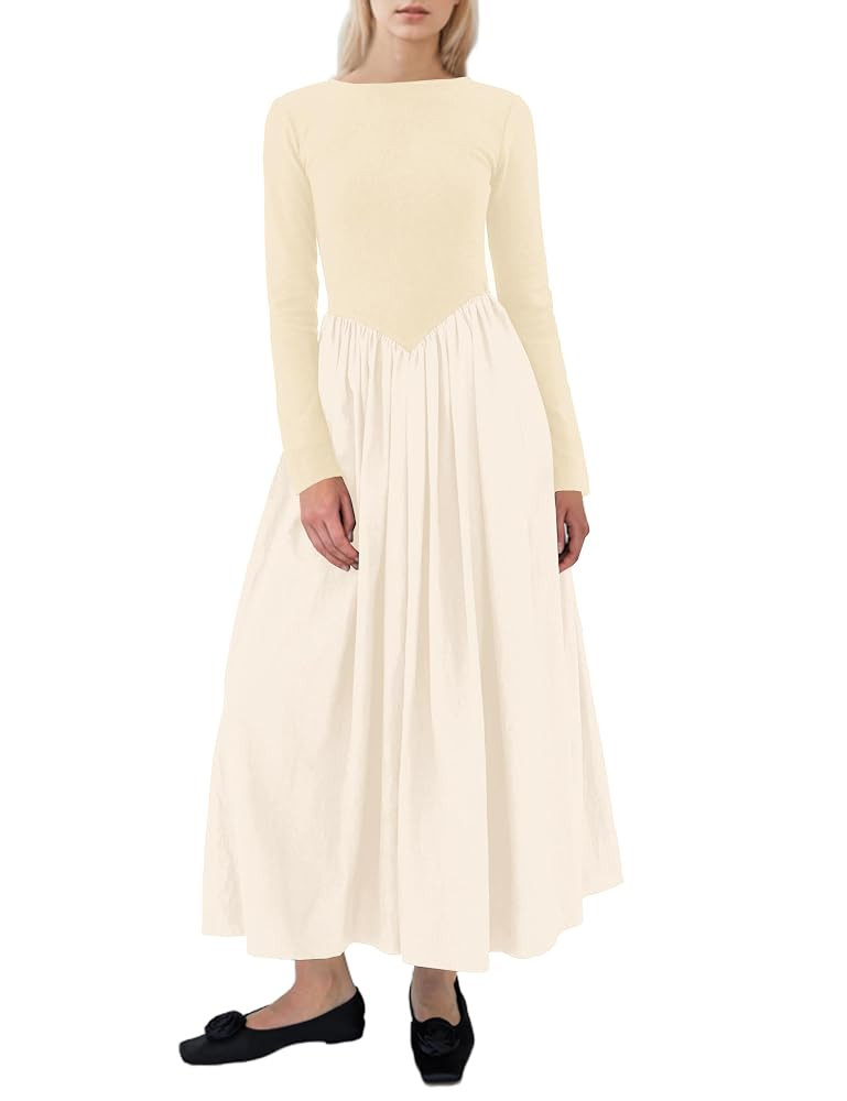 Women Boat Neck Long Sleeve Maxi Dresses Slim Fit Drop-Waist Patchwork Dress Flowy Swing Fall Lon... | Amazon (US)