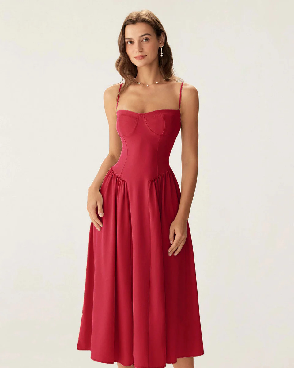 Red Square Neck Pocket Slip Midi Dress | rihoas.com