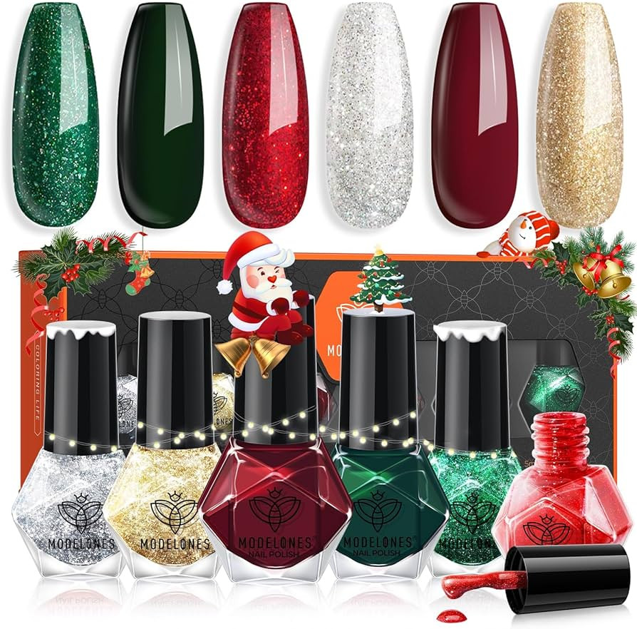 modelones Christmas Nail Polish Set 6 Colors Red Green Glitter Gold Silver Mini Nail Polish Kit Q... | Amazon (US)