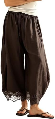 Lace Hem Wide Leg Pants for Women Summer Casual Lightweight Flowy Palazzo Pant Beach Vacation Out... | Amazon (US)